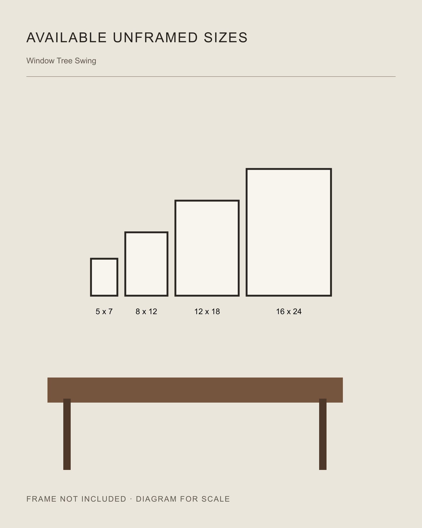 Window Tree Swing unframed print size comparison: 5 x 7, 8 x 12, 12 x 18, and 16 x 24 inches