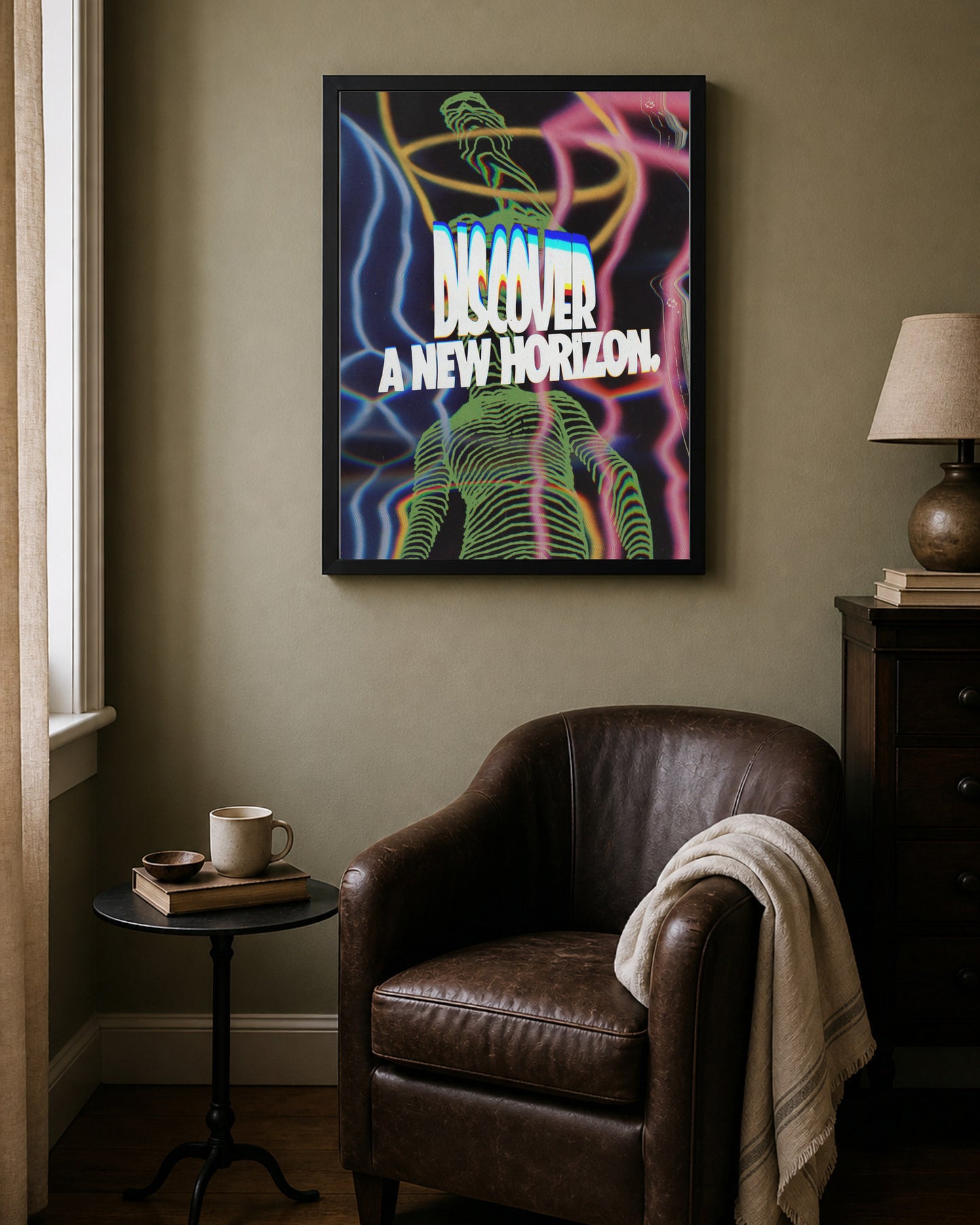 Discover New Horizon shown in a warm living space; frame not included
