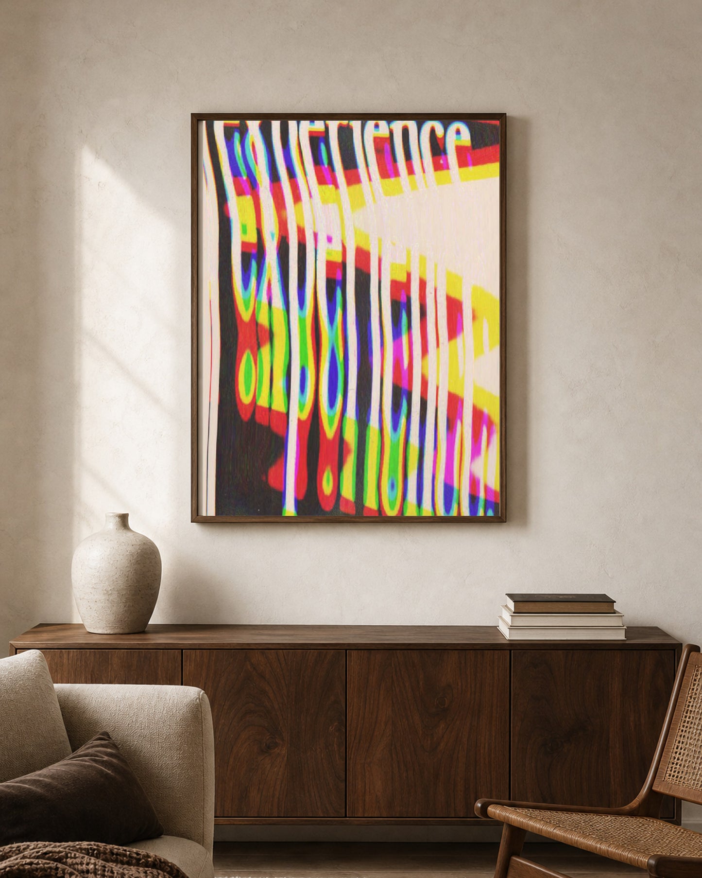 Experience shown in a warm living space; frame not included
