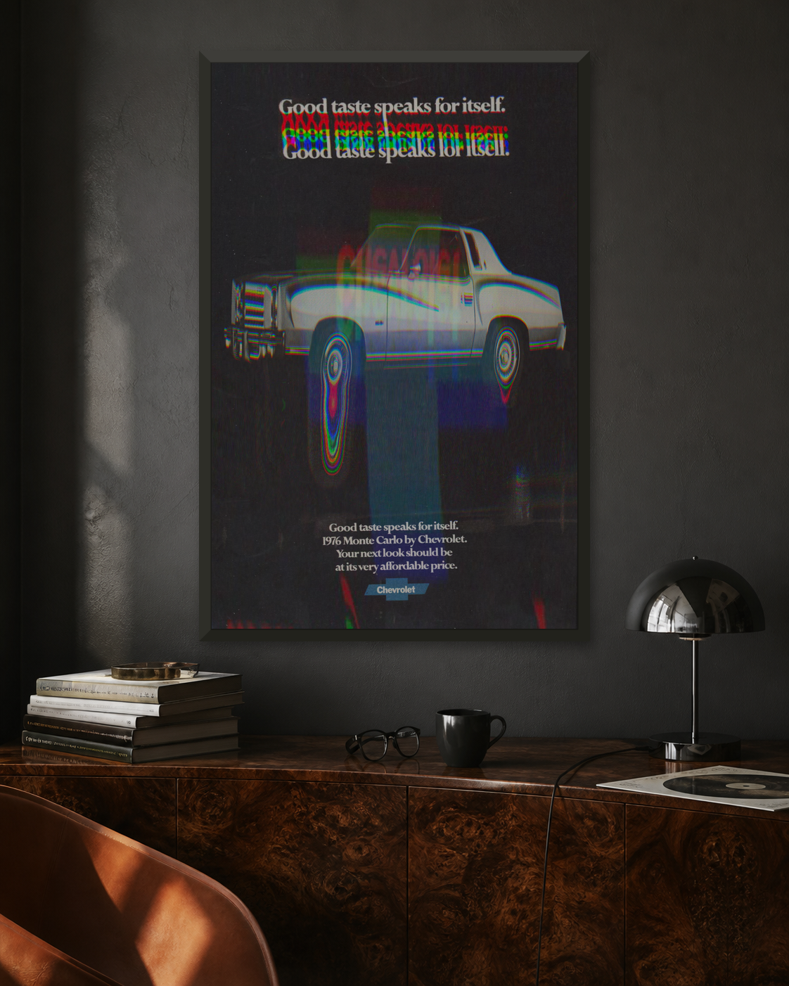 Closer room view of the framed Good Taste fine-art print