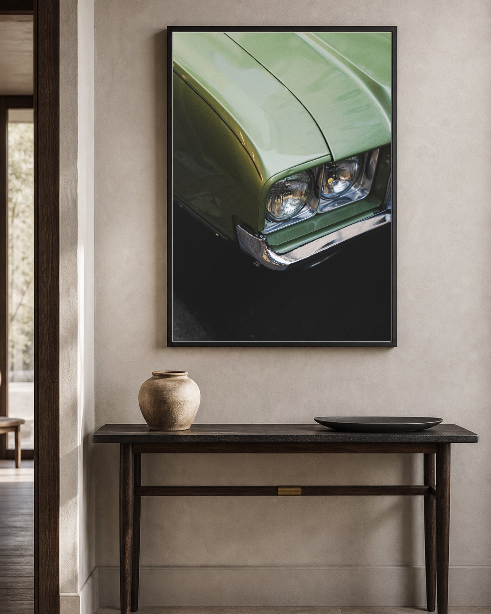Green Chevy shown in a warm living space; frame not included