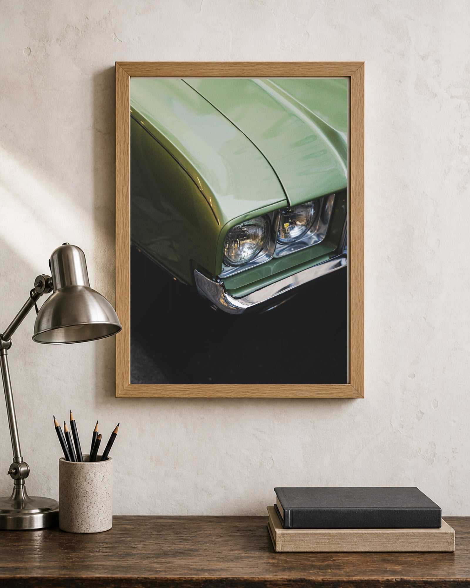 Green Chevy shown in a second interior setting; frame not included