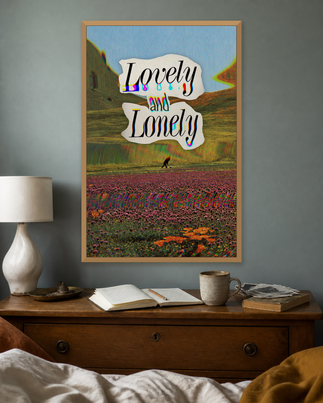 Closer room view of the framed Lovely and Lonely fine-art print
