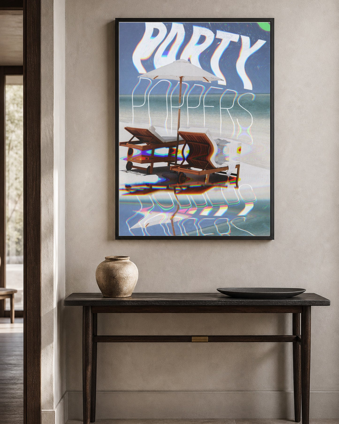 Party shown in a warm living space; frame not included