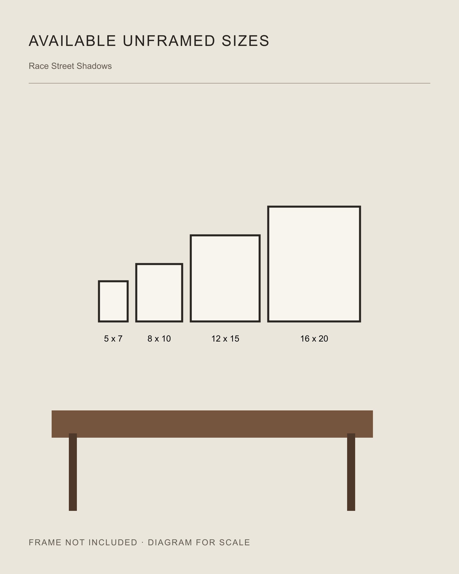 Race Street Shadows unframed print size comparison: 5 x 7, 8 x 10, 12 x 15, and 16 x 20 inches